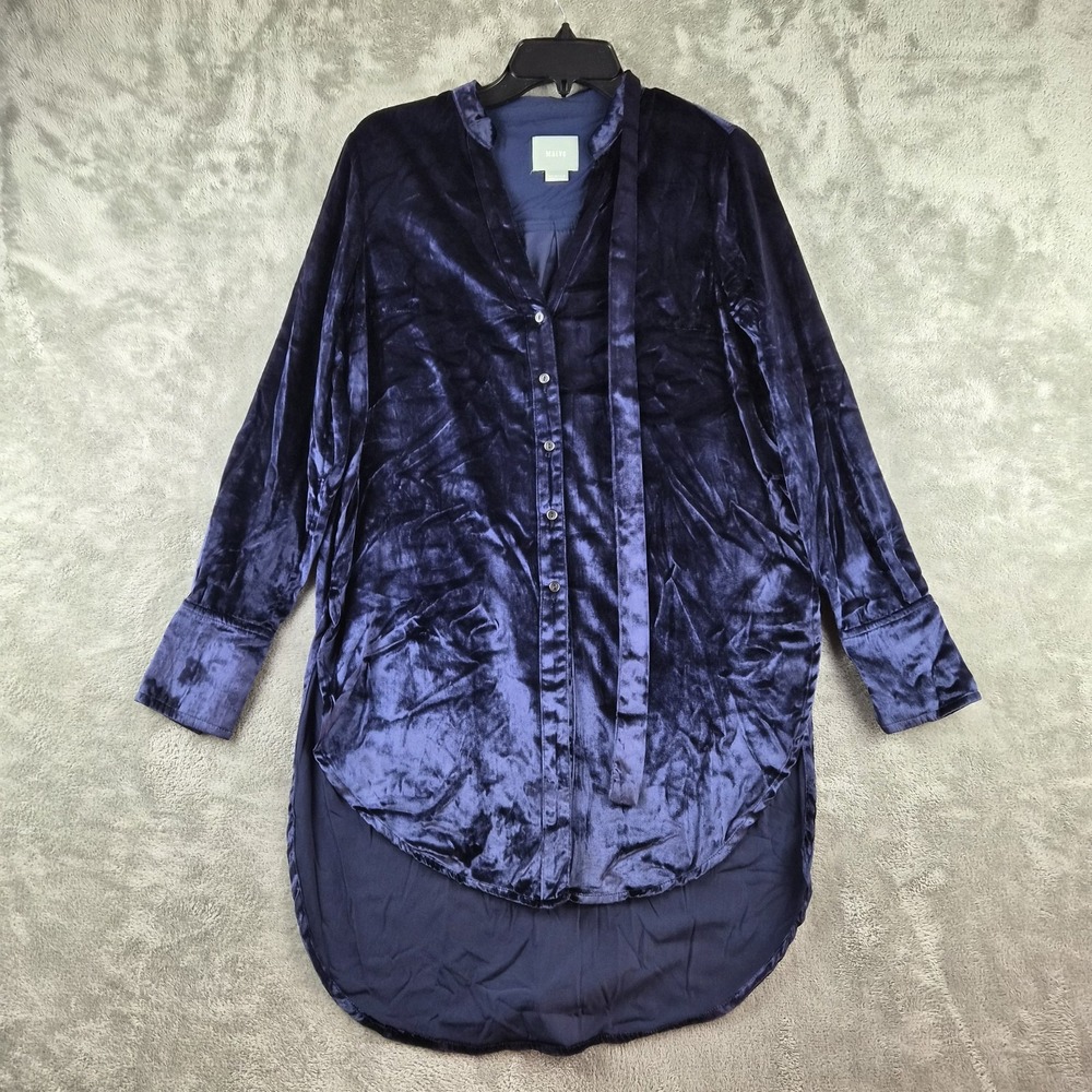 Anthropologie Maeve Tunic 0 Rich Navy Blue Crushed Velvet Hi Low Hem Tie Neck